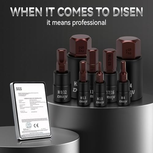 DISEN 32-Piece HEX Bit Socket Set, SAE & Metric Allen Wrench Socket Set with Enhanced Storage Case, Premium Heat Treated Chrome Vanadium Steel & S2 Alloy Steel - style: 1/4"& 3/8”& 1/2“ 32PCS HEX Bronw