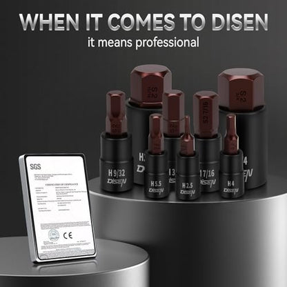 DISEN 32-Piece HEX Bit Socket Set | SAE & Metric Allen Wrench Socket Set with Enhanced Storage Case, Premium Heat Treated Chrome Vanadium Steel & S2 Alloy Steel - style: 1/4"& 3/8”& 1/2“ 32PCS HEX Bronw