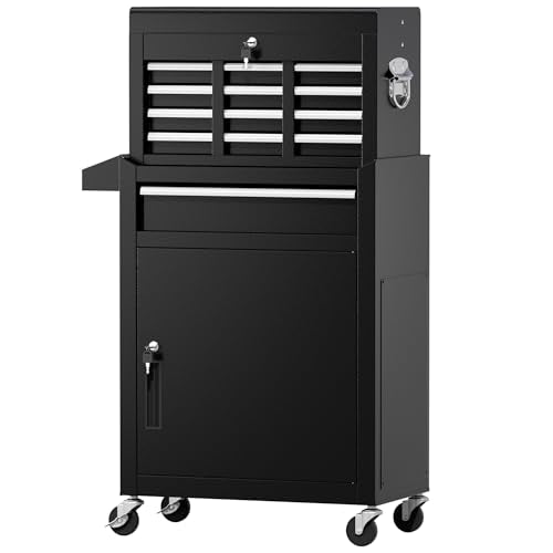 Greenvelly Tool Chest, 5-Drawer Rolling Tool Chest with Hooks and Lockable Wheels,Metal Storage Detachable Top Tool Box with Lockable Wheels for Garage,Workshop,Art Studio(Black) - color: Black, size: 5 Drawers