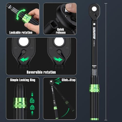 Torque Wrench Set, 1/4 3/8 1/2 Drive 41-Piece Kit with Sockets & Extensions, ±3% Accuracy Dual Scale, CR-V Steel, 72-Tooth Ratchet for Auto, Bike, Moto Repair & Industrial