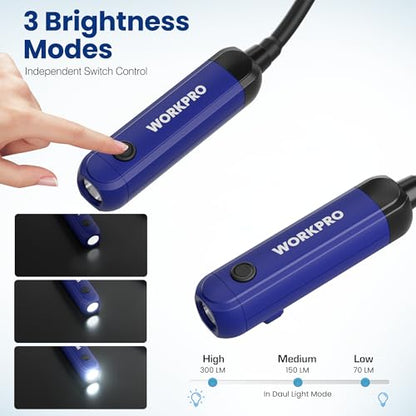 WORKPRO Rechargeable Neck Light for Hands-Free Lighting, 3 Brightness Levels 300 Lumens Neck Light, Bendable Silicone Arm, Great for Mechanics, Reading, Camping, DIY Projects, Crafting, Blue and Black - color: Blue