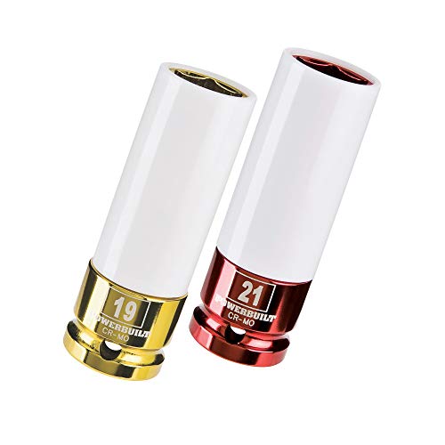 Powerbuilt 2-Piece Metric Lug Nut Socket Set – 1/2" Drive, 19mm & 21mm Thin Wall Impact-Rated Chrome Moly Sockets with Protective Plastic Sleeve and Color-Coded Size Identification - 642397 - size: 19 and 21mm