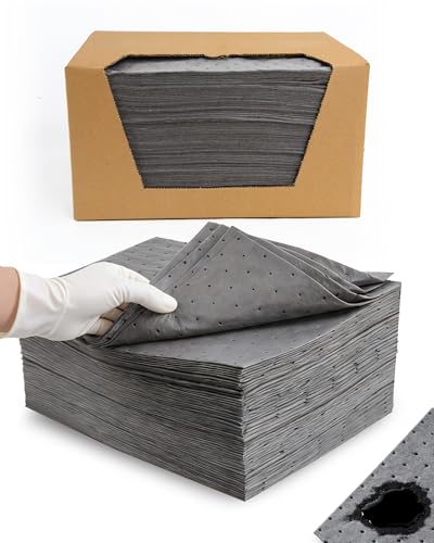 9.8"x13" Oil Absorbent Pads 100 Pack | Heavy & Fast Absorb | Reusable & Trimmable Lightweight Pads that Absorb Oil, Water, Coolant & Solvents for Workshops, Garages & Kitchen Drains - size: 9.8x13 Inch