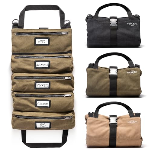 Official Legacy Tool Roll Bag, 5-Pocket, 20 x 12 in, ArmyGreen, Made in USA | Easy to Carry Roll Up Tool Bag, Durable Canvas, Rust-Proof YKK Zippers, Secure Buckle, Loving Gift for Electrician, Mechanics - color: Army Green, size: Legacy - Standard (20 x