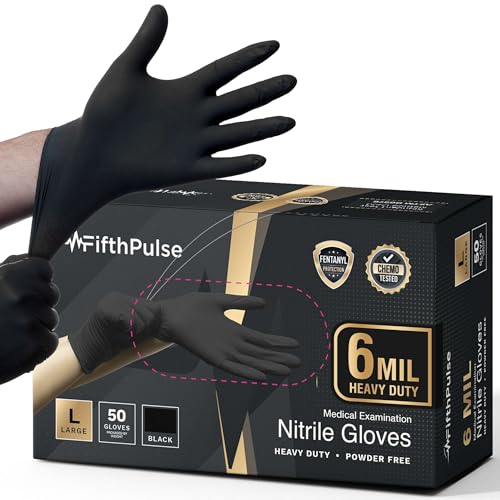 FifthPulse 6 Mil Black Nitrile Gloves, Heavy Duty Mechanic and Food Grade Glove - Powder-Free, Latex-Free Medical Exam Gloves - style: Large