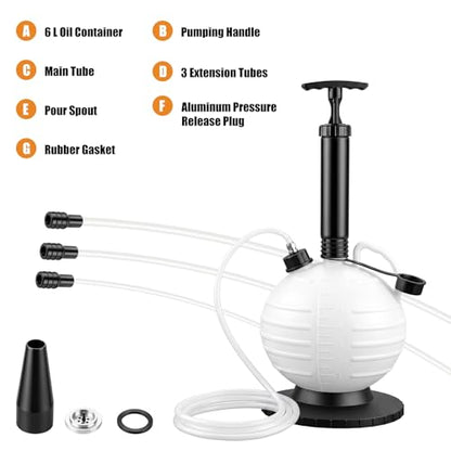6L Vacuum Oil Extractor Pump - Portable Fluid Extractor Oil Change Pump with 59" Main Hose, Three 41" Extension Tubes & Brake Bleeding Hose for Automotive, Marine Boat Oil/Brake Fluid Change