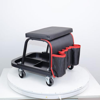 Rolling Mechanic Garage Stool on Wheels with Padded Cushion, Tool Tray Storage and Side Pockets, 300 LBS Capacity, Black - color: Black