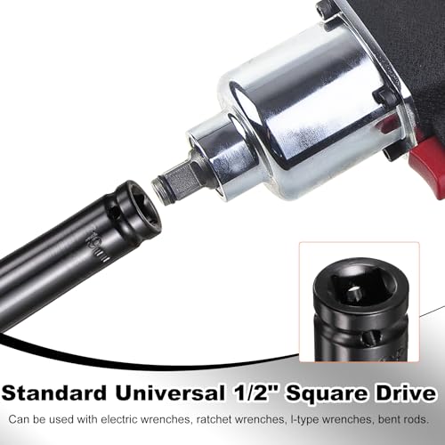 HARFINGTON 3pcs 6-Point Deep Impact Socket 1/2" Drive 19mm Metric Socket 7.6" (193mm) Extra Long Heat-Treated 45# Steel for Home Auto Spindle Axle Hex Nuts Bolts Repair, Black - size: 19mm + 7.6" Long