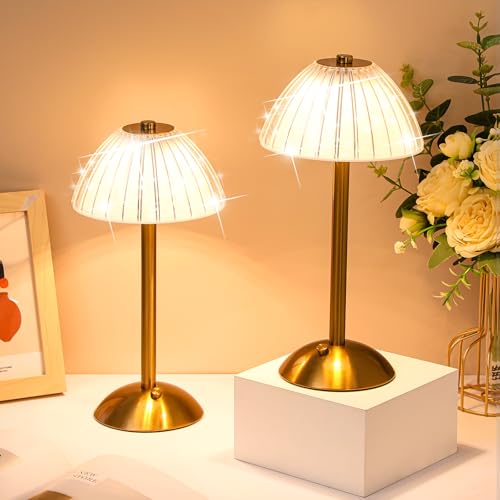 Liliful 2 Pcs Cordless Table Lamp Rechargeable Touch LED Small Gold Portable Battery Operated USB-c Desk Lamp 3 Color Dimmable for Bedroom Living Room Dining (Gold,Mushroom Style) - color: Mushroom Style, size: Gold