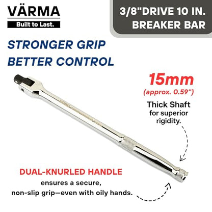 3/8" Drive 10-Inch Breaker Bar - 15mm Thick Rigid Shaft & Heavy Duty CR-MO Head - Best Compact Tool for Motorcycle Axle Nut & Tight Engine Bays - 180° Flex, Emergency Roadside Tool - size: 3/8" Drive x 10"