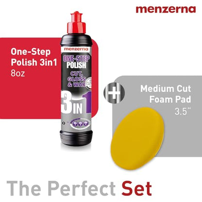 menzerna All-in-One polishing Kit I Car polishing Set with Menzerna One-Step Polish 3in1 (8oz) and 3.5 Inch Polishing Pad I Moderate Scratch Remover, high Gloss and Wax Kit for All Types of Vehicles - style: 8oz. + Pad