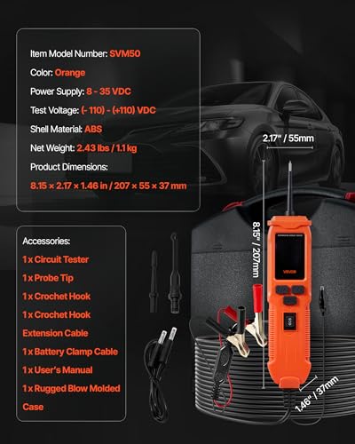 VEVOR Automotive Circuit Tester, 8-35 DCV Power Circuit Probe Tester with TFT Color Display and Lighting, Automotive Power Tester Probe with 19.7 ft / 6 m Cable, 2-in-1 Electrical Detector Finder - style: SVM50