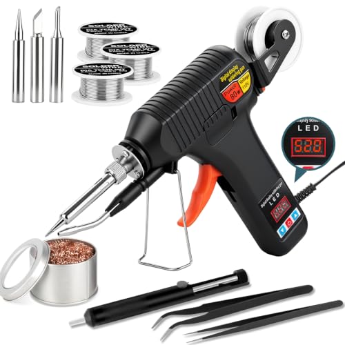 Soldering Gun Kit, 80W Adjustable Temperature Soldering Iron with LED Display, 3 Tips, 3 Solder Wire Rolls, Desoldering Pump, Tweezers & Brass Wire Cleaner for Electronics Repair and DIY Welding