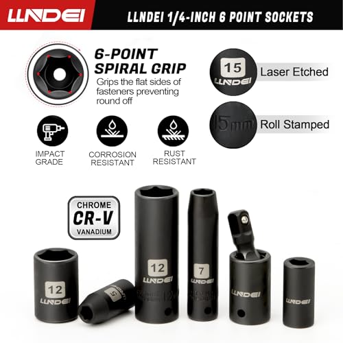 LLNDEI 1/4" Drive Socket Set & Nut Driver Set 44PCS, 1/4-Inch Sockets Deep&Shallow Metric(4-15mm) with Ratchet, 1/4" Hex Shank 6" Long Nut Drivers(6-14mm) for Impact Drill Bits(PH1 PH2) - size: 44PCS Metric