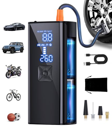 Tire Inflator Portable Air Compressor, Cordless Tire Pump with 150 PSI Digital Pressure Gauge & LED Light, 2X Fast Inflation Air Pump for Cars, Bikes, Motorcycles, Balls