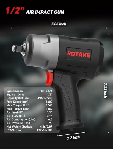 ROTAKE 1/2" Air Impact Wrench, 1245 ft-lbs, Twin Hammer, RT-5274 | 8600 RPM Speed, Heavy-Duty Aluminum Hammer Case, 4.56-lb Composite Body, 3-Speed Control, Auto Repair & Tire Service - size: 1/2" (1245 ft-lbs)RT-5274