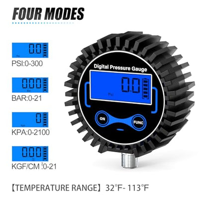 MEANLIN MEASURE 0-300PSI Digital Pressure Gauge with Rubber Cover, Lower Mount, Accuracy 1%, Resolution 0.1psi, with 1/8" x 1/4" and 1/8" x 3/8" NPT Hex Bushing - size: 0 - 300 PSI, style: Lower Mount (1/8 NPT)