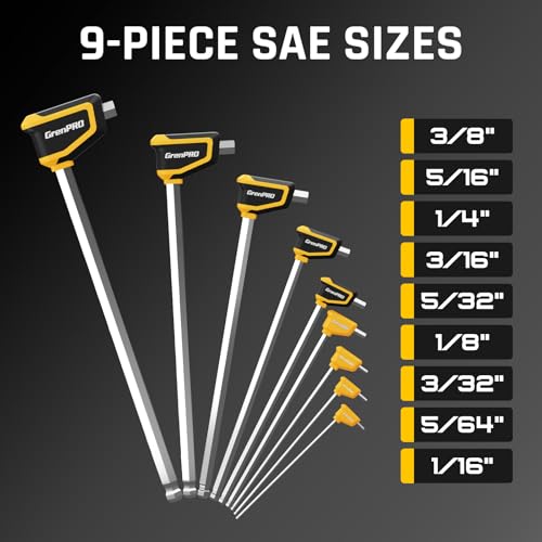 GRENPRO Allen Wrenches Sets, 18-Piece T-Handle Allen Wrench Set, Metric and SAE Allen Key Set with Plastic Holder, 1.5-10MM & 1/16"-3/8", Long Arm Hex Key Set with Ball End for Basic Home Bike Repair - style: 18 Pieces T-Handle Allen Wrench Set Metric and