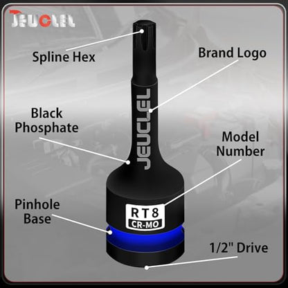 RT8 Spline Bit Socket, 1/2" Drive Spline Hex 6 Point Impact Socket | 3-Inch, Cr-Mo Steel, Lengthen Screwdriver Adapter for Electric Ratchet Wrenches, Fastening Screws, Socket Wrench, Head Drill - size: RT8