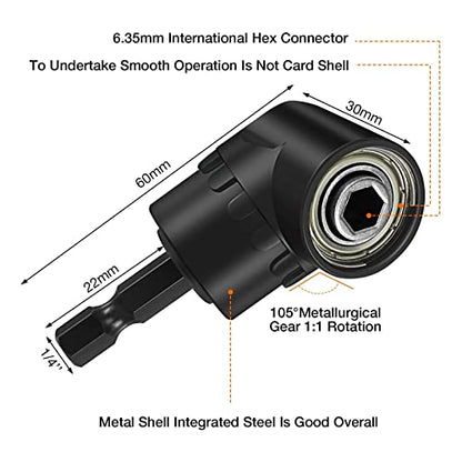 17pcs Flexible Drill Bit Extension, Include 3pcs Impact Socket Adapter 2pcs Hex Shank 105° Right Angle Drill Attachment 10 Short Screwdriver Bits Bendable Drill Bit Extension and 90° Angled Bits - color: 17p*black