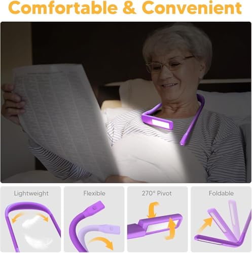 Voilet Neck Light with Storage Case: Back to School Gifts 10-80Hrs Eye-friendly Book Reading Light Knitting Crochet Sewing Craft Light Rechargeable Adjustable, Book Lovers Gifts for Knitters Crafters - color: Violet with storage case