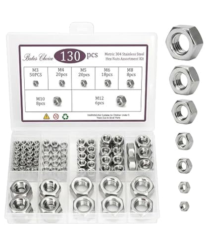 Bates- Metric Hex Nuts Assortment Kit, 7 Sizes, 130 pcs, Stainless Steel, M3 M4 M5 M6 M8 M10 M12, Hardware Nuts