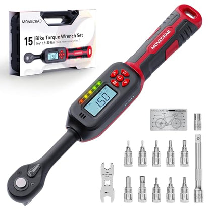 15-Piece Bike Digital Torque Wrench Kit, 1/4" Drive, 1-22 Ft.lb | Electronic Torque Wrench with Hex & Torx Bits, Bike Card Tool, LED & Buzzer Alerts for MTB, Road Bike & Bicycle Maintenance - size: 1/4" 15pcs-Bike 1.5-30N.m/1-22Ft.lb