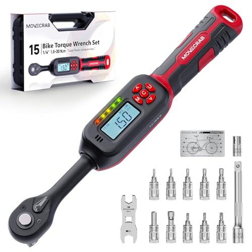 15-Piece Bike Digital Torque Wrench Kit, 1/4" Drive, 1-22 Ft.lb | Electronic Torque Wrench with Hex & Torx Bits, Bike Card Tool, LED & Buzzer Alerts for MTB, Road Bike & Bicycle Maintenance - size: 1/4" 15pcs-Bike 1.5-30N.m/1-22Ft.lb