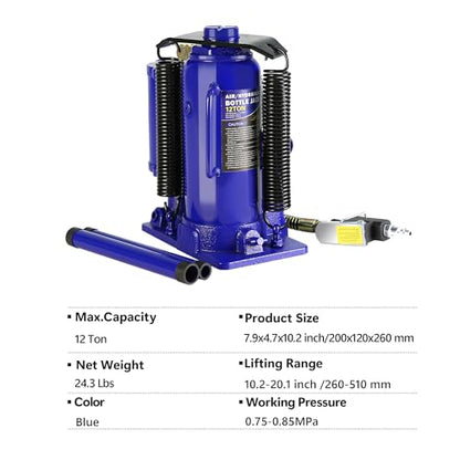 Pneumatic Jack Hydraulic Bottle Jack,12 Ton//24,000 LBS All Welded Bottle Jack, 10.2-20.1 inch Lifting Range, with Manual Hand Pump & Handle,Heavy Duty Auto Truck Travel Trailer Repair Lift - color: Blue, size: 12Ton