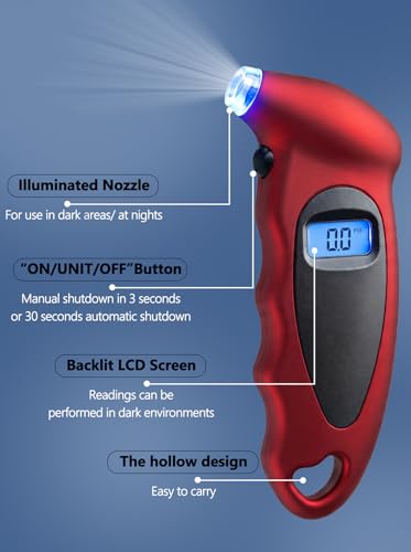 Digital Tire Pressure Gauge 150 PSI, Accurate in 0.1 Increments,1 Pack Tire Pressure Gauge with Backlight LCD, 4 Units (PSI/Bar/Kgf/cm²/KPA) Applicable to Car Truck Bicycle, Red - color: Red