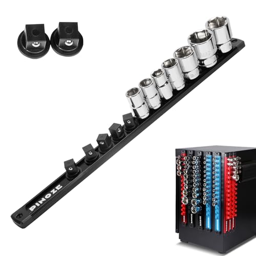 Pinoze 1/2" Magnetic Socket Holder Organizer - Aluminum Alloy Socket Rail Tray for Tool Box Drawer, Socket Rack with Extra 2Pcs Replacement Clips for Automotive Garage(Black) - size: 1/2" DR