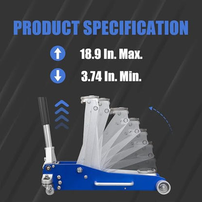 3 Ton (6,600 lbs) Low Profile Aluminum Hydraulic Racing Floor Jack with Dual Piston Quick Lift Pump, Lifting Range 3.74" to 18.9", for Cars, Trucks and SUVs, Blue - color: blue