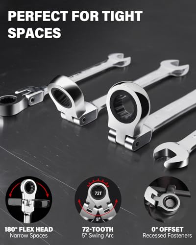 ROTATION 32 Piece SAE Flex-Head Ratcheting Wrench Set, 1/4" to 7/8" Combination Ratcheting Wrenches with Hex Keys, Bits, and 1/4" Adapter, Chrome Vanadium Steel, Includes Storage Case - size: SAE