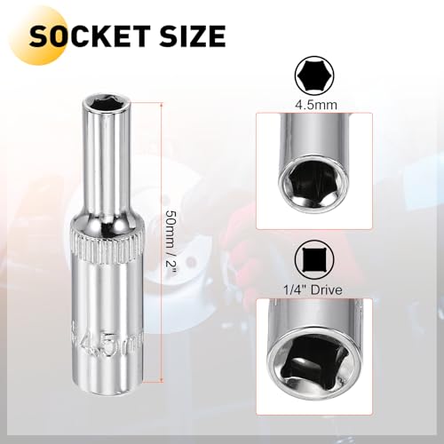 HARFINGTON Deep 6-Point Impact Socket 1/4" Drive 4.5mm Metric Socket 50mm (2") Long with 1/4" Hex Shank Adapter, CR-V Steel Socket Adapter Accessory Tool Set Kit for Hex Bolts Nuts - size: 4.5mm x 50mm