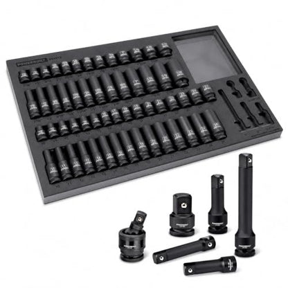 Powerbuilt Master 63 Piece 1/2-Inch Drive Impact Socket Set, Extensions, Metric&SAE Deep/Standard Impact Socket, Universal Joint and Adapter, Cr-Mo Steel, EVAs torage Tray - 949012 - size: 1/2-Inch, style: 63 Piece Impact Socket