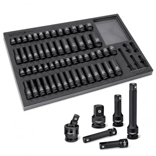 Powerbuilt Master 63 Piece 1/2-Inch Drive Impact Socket Set, Extensions, Metric&SAE Deep/Standard Impact Socket, Universal Joint and Adapter, Cr-Mo Steel, EVAs torage Tray - 949012 - size: 1/2-Inch, style: 63 Piece Impact Socket