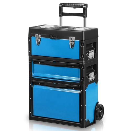 Auto Dynasty 3-Tier Stackable Tool Box, 19.5 Inch 3-in-1 Rolling Tool Box with Wheels, Portable Steel and Plastic Rolling Upright Trolley Toolbox Organizer for Garage Workshop, 3-Piece Set, Blue - color: Blue