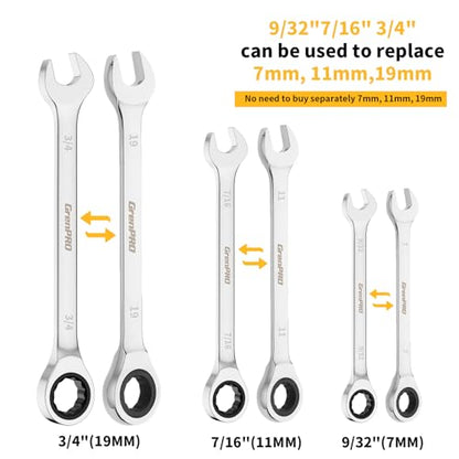 GRENPRO Ratcheting Wrench Set, Combination Wrench Set, 22-Piece SAE & Metric and Standard, 72Th Long Open End, 1/4" to 3/4" & 6-18mm, Organizer With Roll Up Pouch, CR-V Socket Mechanic Hand Tools Sets - style: 22PCS Ratcheting Wrench Set Metric&SAE