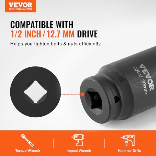 VEVOR Axle Nut Impact Socket Set - 1/2" Drive Deep 6+12-Point 14-Piece Metric Spindle Nut Socket CR-V Heat Treated Large Socket Set with Storage Case for Auto Repair, Removing or Installing Axle Nuts - style: 1/2" 14PCS CR-MO