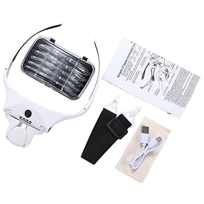 YOCTOSUN Magnifying Glasses with 4 LED Lights, Headband Magnifier with 5 Detachable Lenses 1X, 1.5X, 2X, 2.5X 3.5X -Rechargeable Hands Free Lighted Head Magnifier Glass for Crafts, Cross Stitch, Hobby - color: White