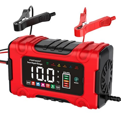LiFePO4/Lead Acid Battery Charger Smart Battery Trickle Charger 12V/24V 10A/5A Automotive Battery Maintainer Desulfator Temp Compensation for Car Truck Motorcycle Lawn Mower Marine RV