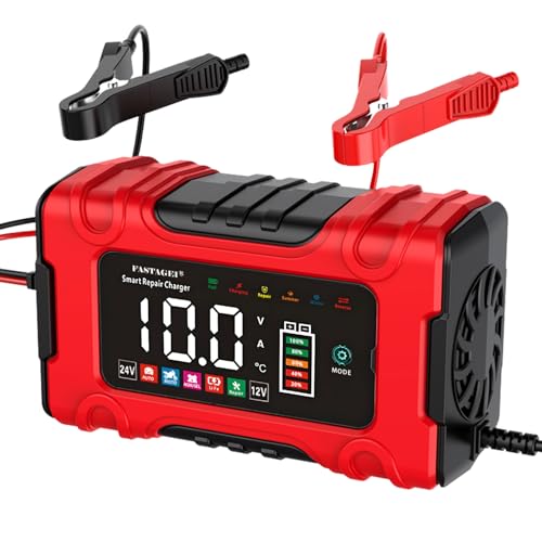 LiFePO4/Lead Acid Battery Charger Smart Battery Trickle Charger 12V/24V 10A/5A Automotive Battery Maintainer Desulfator Temp Compensation for Car Truck Motorcycle Lawn Mower Marine RV