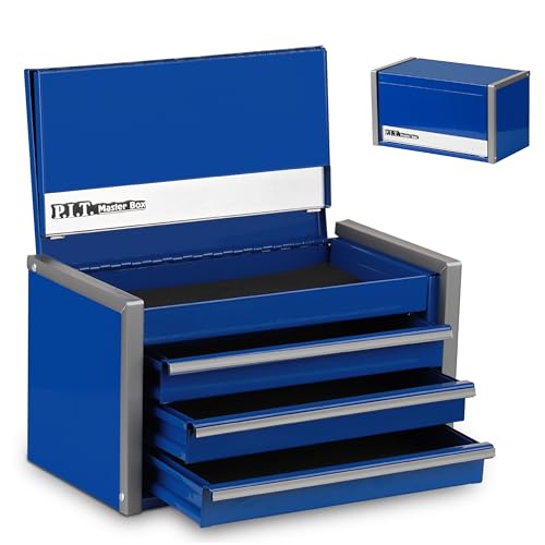 P.I.T. Mini Tool Box 8.6"W X 4.6"D, Portable 3 Drawer Steel Stackable Blue Tool Box with Magnetic Tab Locking, Blue Micro Top Chest with Liner for Tools Storage and Organizers, Home DIY - color: Blue, size: 3-Drawer