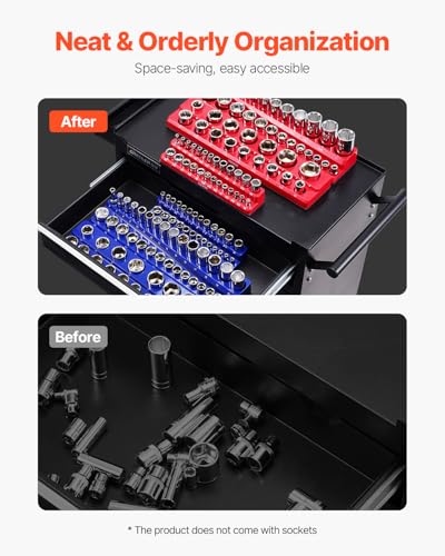 VEVOR Magnetic Socket Organizer Set, 6PCS Socket Holder, 1/4'', 3/8'' & 1/2'' Metric SAE Socket Trays with Clear Labels, Hold up to 143PCS Standard & Deep Sockets, Blue & Red (Sockets Not Included) - style: 6pcs Metric & SAE