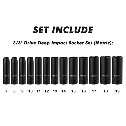 CASOMAN 13 Pieces 3/8-Inch Drive Impact Socket Set, 6-Point, Metric, Deep, CR-V, 7mm to 19mm, Heavy Duty Blow Molded Storage Case - size: deep