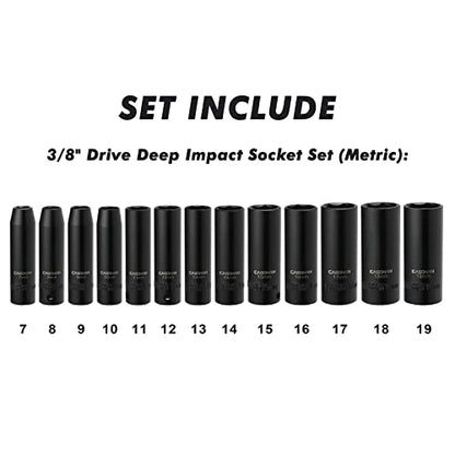 CASOMAN 13 Pieces 3/8-Inch Drive Impact Socket Set, 6-Point, Metric, Deep, CR-V, 7mm to 19mm, Heavy Duty Blow Molded Storage Case - size: deep