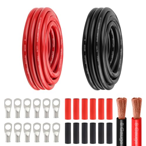 8 Awg Battery Power Cable -15FT Red + 15FT Black 8 Gauge Flexible Welding Cable OFC Copper Wire with Lugs Terminal Connectors and Heat Shrink Tube for Automotive, Battery, Inverter,Boat and Generator - color: Red+Black-15FT, size: 8AWG