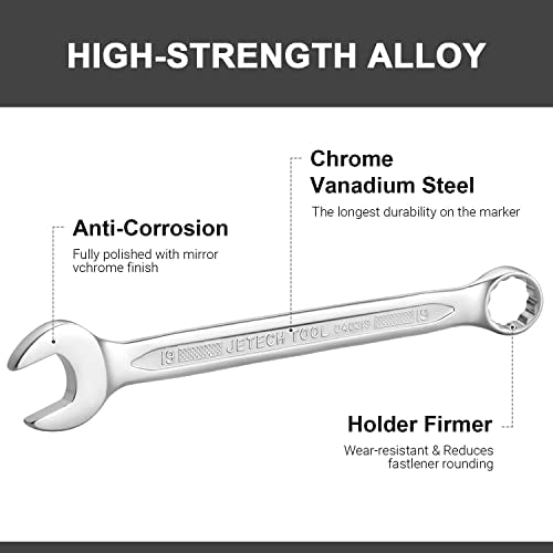 Jetech 19mm Combination Wrench, Metric 12-Point Chrome Vanadium Steel Spanner, Industrial Grade with 15-Degree Offset, Sand Blasted Finish, Heat-Treated Forged Tool - size: 19mm