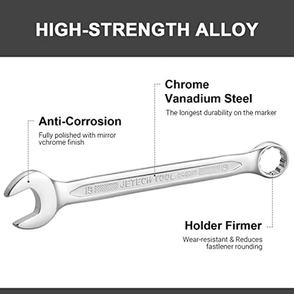 Jetech 19mm Combination Wrench, Metric 12-Point Chrome Vanadium Steel Spanner, Industrial Grade with 15-Degree Offset, Sand Blasted Finish, Heat-Treated Forged Tool - size: 19mm