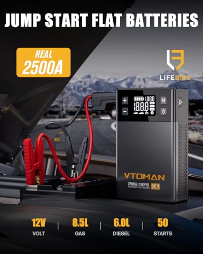 VTOMAN X1 Jump Starter with Air Compressor, Car Battery Jumper Starter (2500A, Up to 8.5L Gas/6L Diesel Engine) with 150PSI Auto Tire Inflator, 12V Portable Booster Pack, Lithium Jump Box Charger-Gray - color: 2500A-Grey